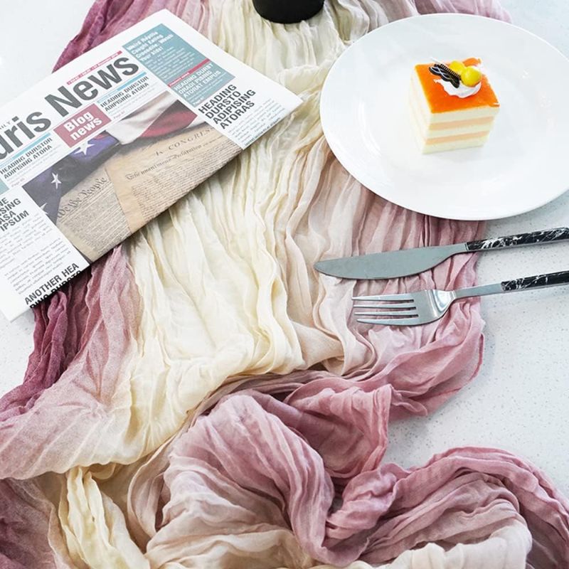 Photo 1 of 2 Pcs Cheesecloth Table Runner, 108 Inches Long Boho Rustic Long Tie Dye Table Runner, Wrinkle Gauze Table Decorations for Wedding Bridal Birthday Party Dinner
