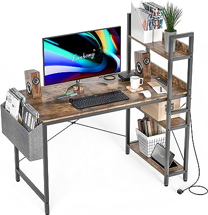 Photo 1 of Finnhomy 47" Computer Desk with Power Outlets & Storage Shelves, Home Office Desk with 3-Tier Bookshelf for Writing, Gaming in Home Office or Bedrooms, Modern Small Desk with Storage Bag, Black
