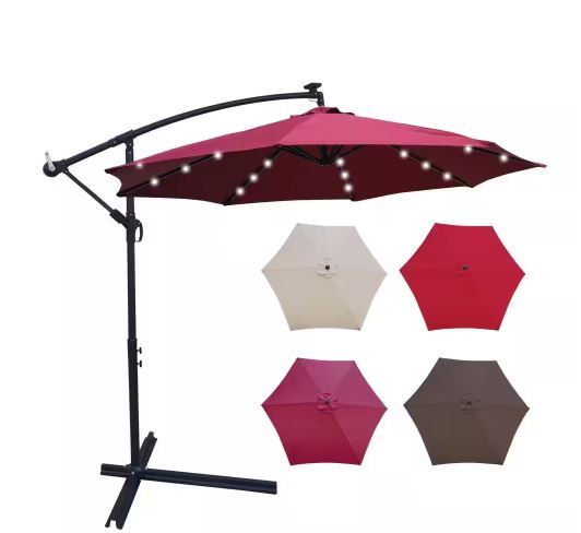 Photo 1 of 10 ft. Outdoor Cantilever Umbrella Solar Powered LED Lighted 8 Ribs Umbrella with Crank in Red
