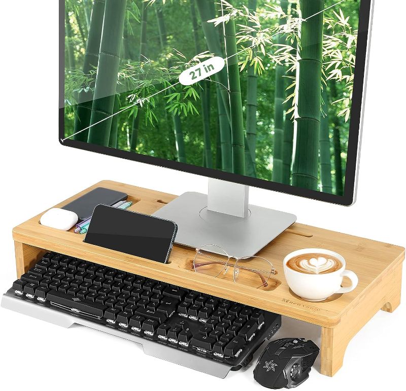 Photo 1 of Nnewvante Monitor Stand Riser Solid Bamboo Laptop Computer Stand Anti-slip Desktop Organizer with Phone/Cup Holder-23.6inch Item Stand
