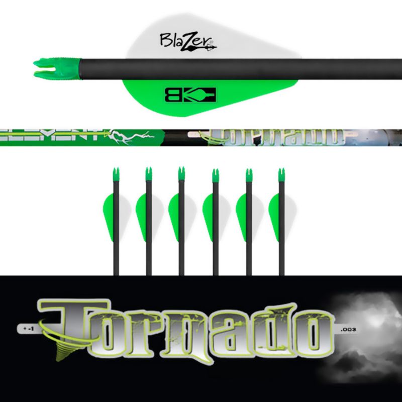 Photo 1 of 6 FLETCHED TORNADO ARROWS The Tornado Shaft was designed with speed in mind. It is a high modulus carbon standard diameter shaft (.244 ID), with low grains per inch, for the archer who...-----COLOR BLACK AND WHITE 

