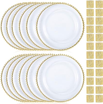 Photo 1 of 25 Pcs Clear Charger Plates 13 Inch Plastic Round Dinner Plate with Gold Beaded Rim Dinner Table Decorative Plate for Wedding Birthday Bridal Shower Party Dinner Table Decor Supplies