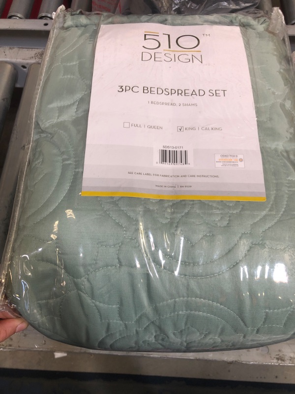 Photo 2 of 510 DESIGN Oakley Reversible Quilt Set - Luxe Stitching Design, All Season, Lightweight Coverlet Bedspread Bedding, Matching Shams, Oversized King/Cal King(120"x118"), Medallion Seafoam 3 Piece Medallion Seafoam Oversized King/California King(120"x118")