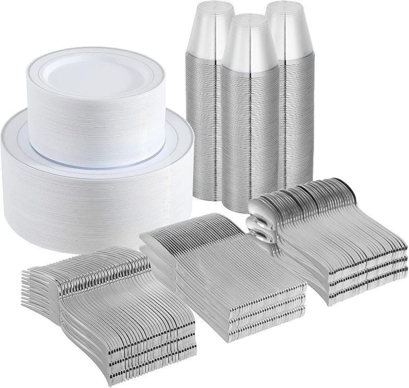 Photo 1 of 600 Piece Silver Dinnerware Set 100 Guests, Disposable Silver Rim Plates, 100 Dinner Plastic Plates, 100 Salad Silver Plates, 100 Silver Plastic Silverware, 100 Plastic Cups Wedding Birthday Parties
