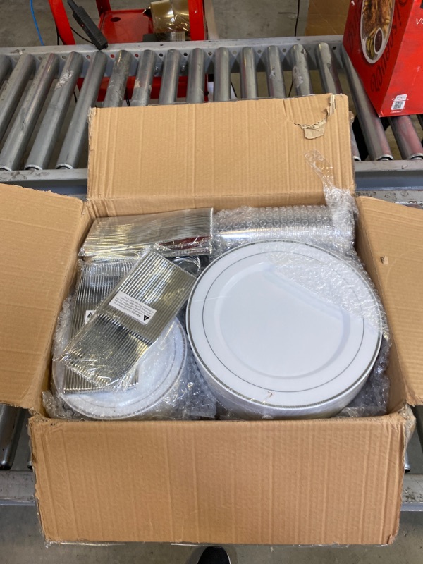 Photo 2 of 600 Piece Silver Dinnerware Set 100 Guests, Disposable Silver Rim Plates, 100 Dinner Plastic Plates, 100 Salad Silver Plates, 100 Silver Plastic Silverware, 100 Plastic Cups Wedding Birthday Parties

