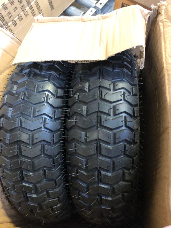 Photo 2 of (2-Pack) 16x6.50-8 Tubeless Tires on Rim - Universal Fit Riding Mower and Yard Tractor Wheels - With Chevron Turf Treads - 3” Offset Hub and 3/4” Bearings - 4 Ply with 615 lbs Max Weight Capacity 16x6.50-8 Tubeless White