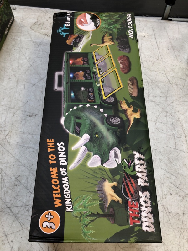 Photo 3 of BLUEJAY 21 Pack Dinosaur Toys for Kids 3-7, Dinosaur Truck with Oversized Dinosaur Map, Flashing Lights, Music and Roaring Sound, Kids Toys with 6 Pull Back Dinosaur Cars, 6 Dinosaur Toys (Green)