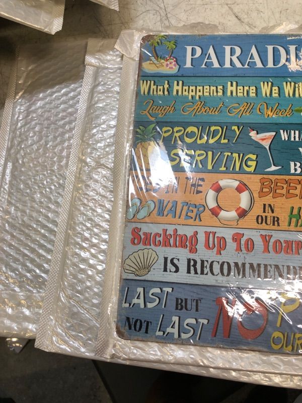Photo 2 of Pool Decorations Outdoor Swimming Pool Signs Pool Decor Pool Rules Sign - Paradise What Happen Here We Will Laugh All Week - Swimming Pool Accessories Vintage Metal Sign for Beach, Patio, Porch, Home, Bar, Pool Deck, and Backyard Walls, 12x8 Inches Funny 
