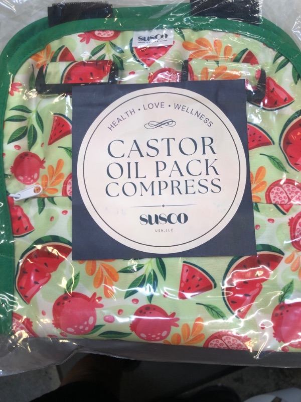 Photo 2 of Castor Oil Pack Wrap Compress by Susco USA - Less Mess, Reusable, Easy to Use, Adjustable Straps for Comfortable Fit - Organic, Liver Detox, Digestion, Constipation, Inflammation, Better Sleep (Green) Green Fruit Print