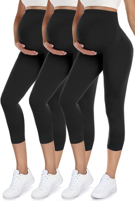 Photo 1 of 2/3 Pack Maternity Capri Leggings for Women Over The Belly Butt Lift - Pregnancy Yoga Pants Active Wear Workout Leggings, size m 