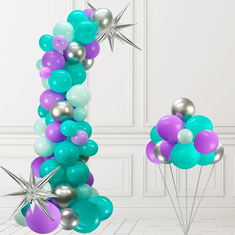 Photo 1 of  112pcs Teal Purple Balloon Garland Kit, Teal Balloon Garland Kit with Silver Explosion Star Foil Balloons Metallic Silver Balloons, Purple and Silver Balloon Garland Kit for Party