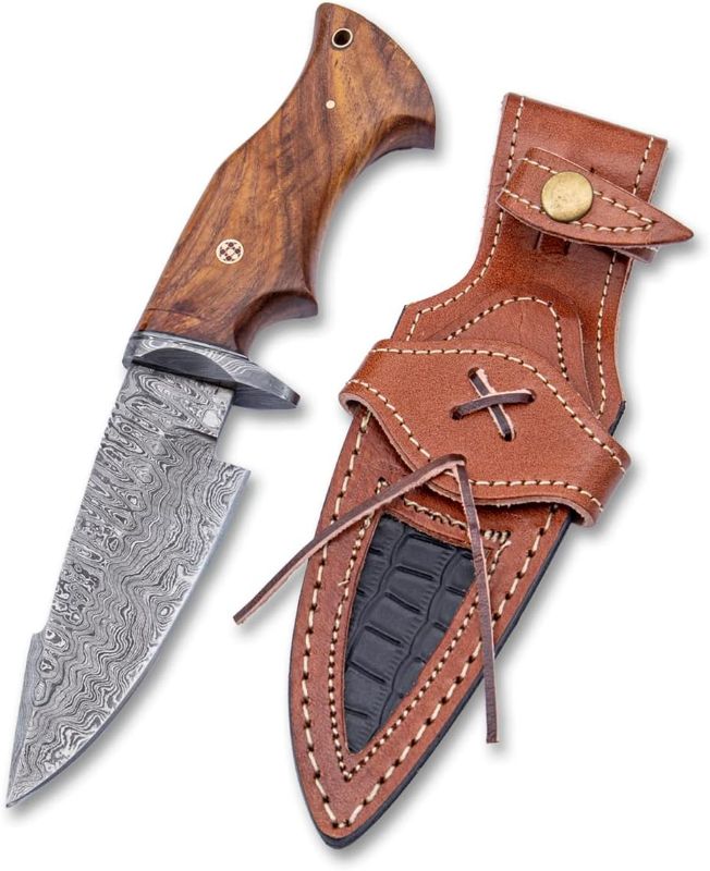 Photo 1 of 10" Handmade Damascus Hunting Knife with Leather Sheath - Ideal for Skinning, Camping, Outdoor - Fixed Blade Bushcraft knife with Non Slip Walnut wood Handle