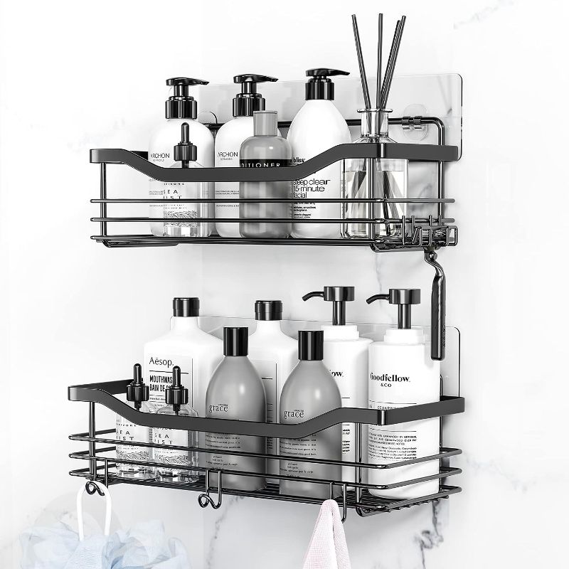 Photo 1 of  Shower Caddy Basket Shelf Storage Rack, No Drilling Wall Mounted Adhesive Rust Proof Stainless Steel Shower Organizer with 5 Hooks for Bathroom, Black 2 Pack