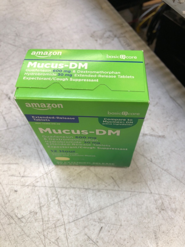 Photo 2 of Amazon Basic Care Mucus Relief DM, 12 Hour Guaifenesin and Dextromethorphan Hydrobromide Extended-Release Tablets, 600 mg/30 mg, Cough Medicine for Adults and Children 12 Years and Over, 40 Count 40 Count (Pack of 1)-- BB 11/2024 --- FACTORY SEALED 