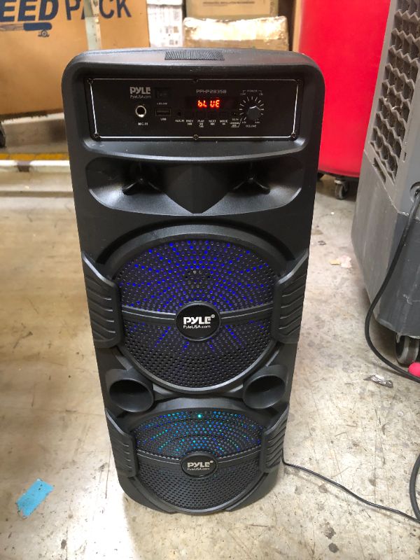 Photo 2 of Pyle Portable Bluetooth PA Speaker System - 600W Rechargeable Outdoor Bluetooth Speaker Portable PA System w/ Dual 8” Subwoofer 1” Tweeter, Microphone In, Party Lights, USB, Radio, Remote - PPHP2835B