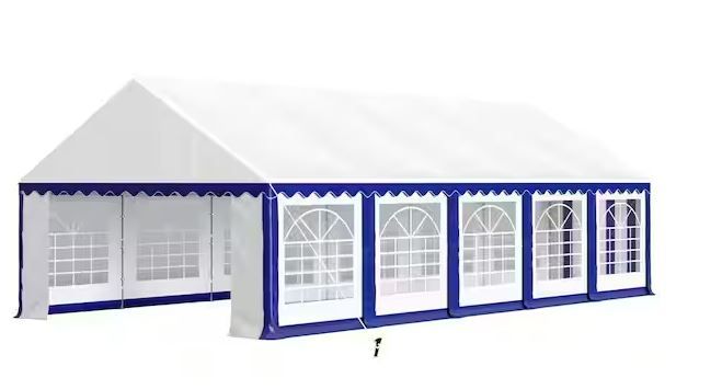 Photo 1 of 16 ft. x 32 ft. Large Outdoor Canopy Wedding Party Tent in White with Blue Stripes Removable Side Walls