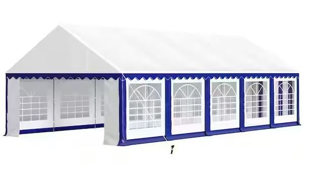 Photo 1 of 16 ft. x 32 ft. Large Outdoor Canopy Wedding Party Tent in White with Blue Stripes Removable Side Walls
