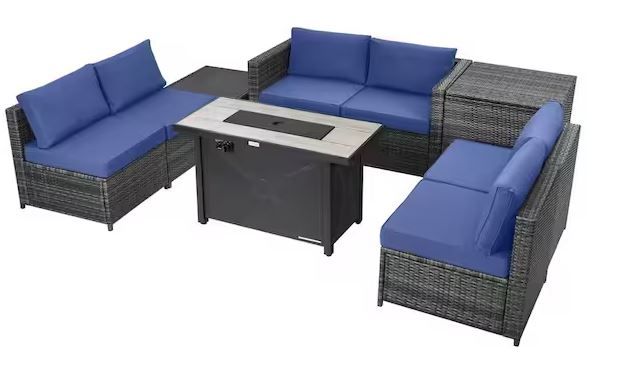Photo 1 of READ NOTES Gymax 9-Pieces Patio Rattan Furniture Set Fire Pit Table Storage Black with Cover Navy
