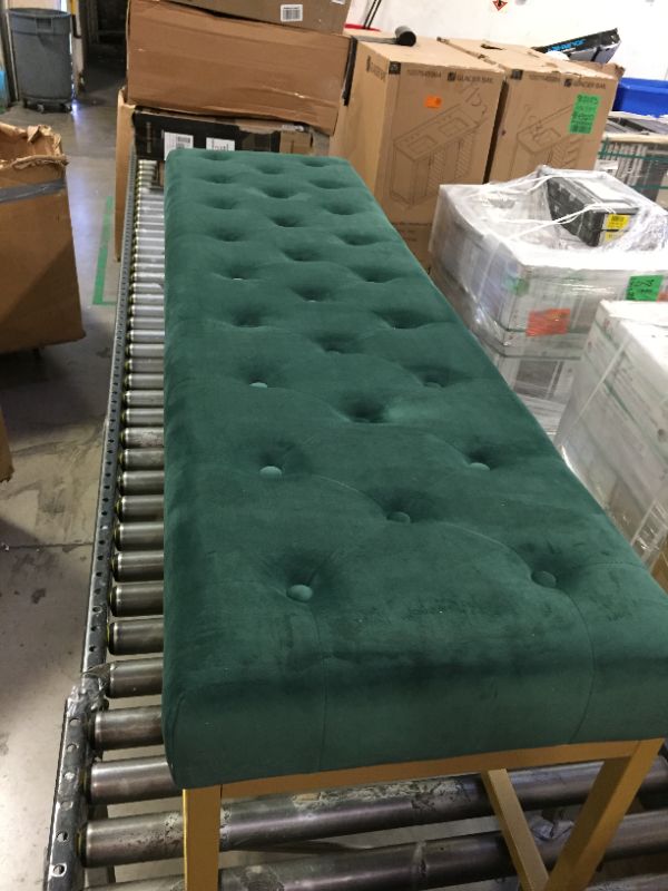 Photo 3 of 24KF Upholstered Tufted Long Bench with Golden Metal Leg, Jade Velvet Bench with Padded Seat-Jade 60" L Bench Jade/Golden-60 Inch