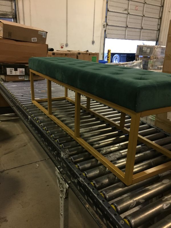 Photo 2 of 24KF Upholstered Tufted Long Bench with Golden Metal Leg, Jade Velvet Bench with Padded Seat-Jade 60" L Bench Jade/Golden-60 Inch