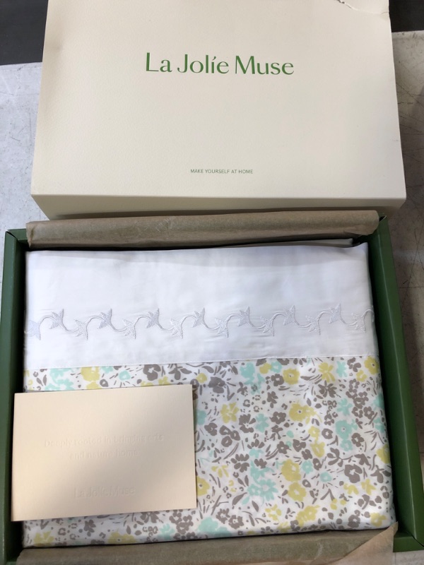 Photo 2 of LA JOLIE MUSE 100% Cotton Sheets for King Size Bed, 300 Thread Count Luxury, Extra Soft, Cooling Bed Sheets, Deep Pocket Up to 15", 4 Pcs Double Satin Embroidery Bed Sheets (King, Floral) Sateen Cotton Sheet Set King Floral