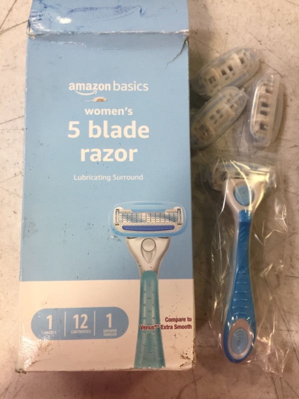 Photo 3 of Amazon Basics 5-Blade Razor for Women, Handle, 12 Cartridges & Shower Hanger, Cartridges Fit Amazon Basics Razor Handles only, 14 Piece Set, Blue (Previously Solimo) 14 Piece Set 1 Razor, 1 Shower Hanger, 12 Refills