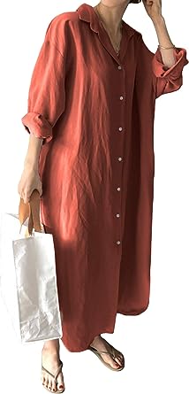 Photo 1 of  Womens Chic Button Down Rolled-Up Sleeve Long Cotton Blouse Maxi Dress Large 