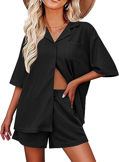 Photo 1 of Ekouaer Lounge Sets for Women Waffle Knit Pajama Sets Button Down Shirt Drawstring Shorts Short Sleeve Outfit Set,-XL
