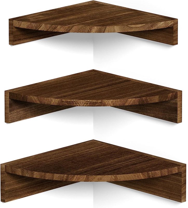 Photo 1 of Alsonerbay Corner Shelf Wall Mount, Set of 3 Floating Shelves for Storage and Display, Rustic Wood Shelves for Bedroom, Kitchen, Living Room, Nursery and Office (Dark Brown)
