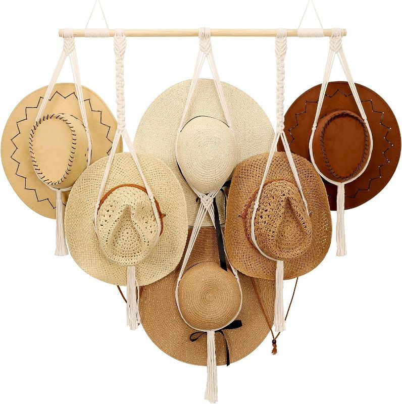 Photo 1 of ZYP Macrame Hat Hangers Boho Hat Rack for Wall Hat Holder Display Organizer Bobo Hanging Hat Organizer Storage for Wide Brim Hats
