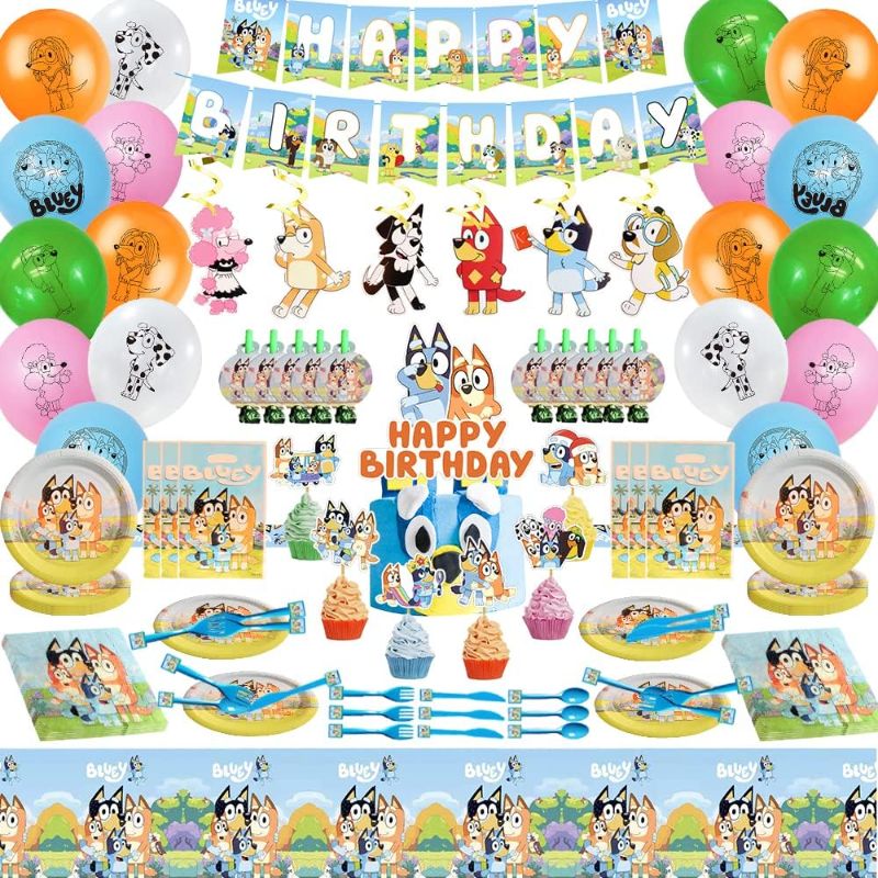 Photo 1 of 199 Pcs Bluey Party Supplies for 20 Guests, Bluey Party Decorations, Birthday Decorations Pack Includes Tableware, Napkins, Tablecloth, Banner, Swirls, Blowouts, Balloons, Cake & Cupcake Topper
