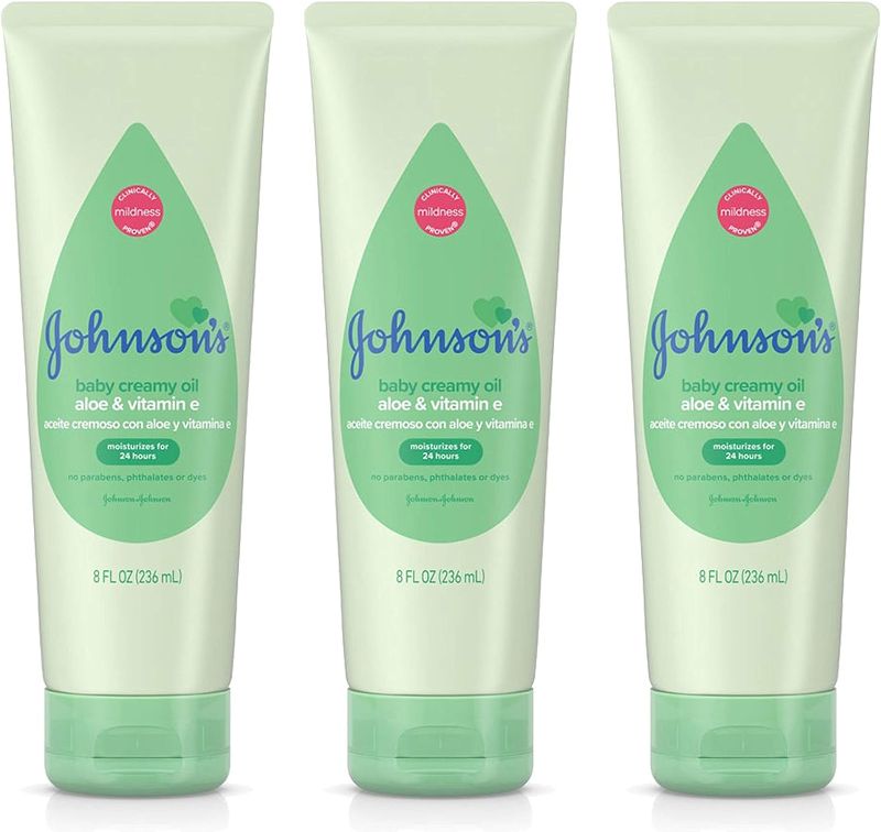 Photo 1 of Johnson's Baby Creamy Oil with Aloe & Vitamin E, Moisturizing Baby Body Lotion for Delicate Skin, Hypoallergenic and Free of Parabens, Phthalates, and Dyes, 8 Fl Oz, Pack of 3
