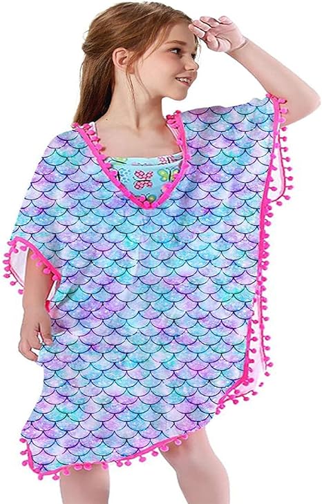 Photo 1 of Kids Girls Chiffon Cover Ups Novelty Quick Dry Coverups Swimsuit Beach Dress Tops with Pompom Tassel 12 YR OLD