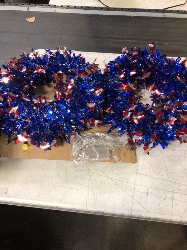 Photo 2 of 2 Pcs Patriotic Wreath 4th of July Lighted Wreaths 12 Inch American Flag Glittering Tinsel Garland Decor and 2 LED Light Strings for Front Door Independence Day Holiday Wedding Party (Round with Star)
