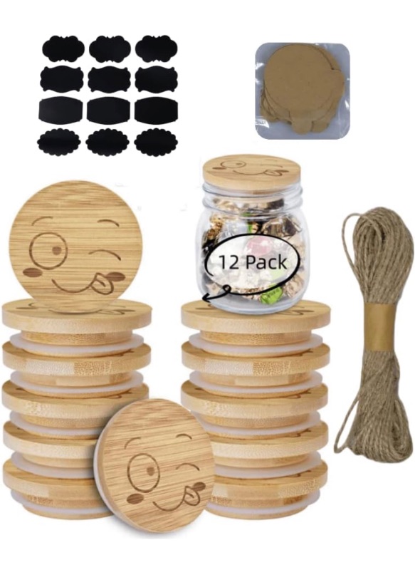 Photo 1 of 12 Pcs Oui Yogurt Jar Lids Set Unique Yummy Face Pattern Natural Bamboo Making With Sealing Rings Perfect Fits Oui Yogurt Jar Reusable Environment Protection Oui Jar Lids