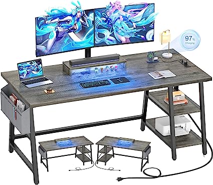 Photo 1 of armocity Computer Desk with LED Lights, Reversible Desk with Power Outlet, 55'' Desk with Storage Shelves, Gaming Desk with Moveable Monitor Stand and Storage Bag for Home Office Workstation, Grey