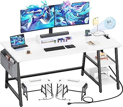 Photo 1 of armocity Computer Desk with Outlet and USB Charging Port, 55 Inch Desk with Reversible Storage Shelves, Gaming Desk with Moveable Monitor Stand and Storage Bag for Home Office Workstation, White