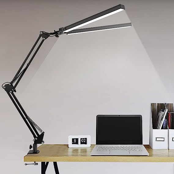 Photo 1 of JOSTIC LED Desk Lamp with Clamp, Super Bright Double Head Reading Desk Lamps for Home Office, 5 Color Modes, 10%~100% Dimmable Brightness, Architect Task Lamp, Modern Swing Arm Workbench Desk Lighting