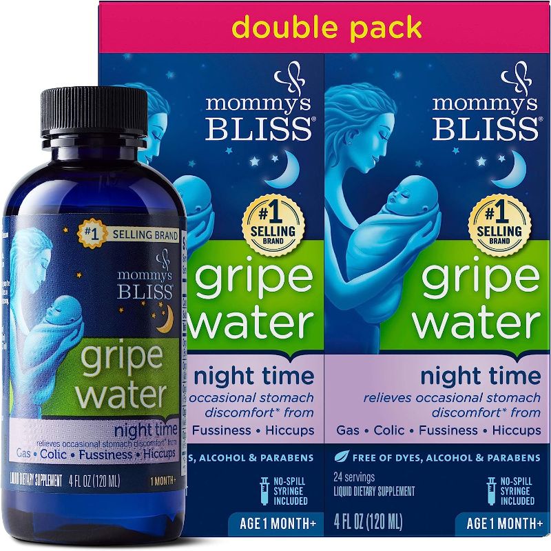 View 1 of Mommy's Bliss Gripe Water Night Time, Relieves Stomach Discomfort From Gas, Colic, Fussiness, & Hiccups, Gentle & Safe, For Infants Age 1 Month+, 4 Fl Oz (Pack of 2) EXP 05/25
