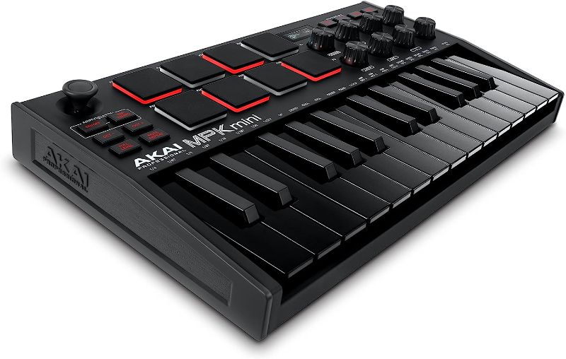 Photo 1 of AKAI Professional MPK Mini MK3 - 25 Key USB MIDI Keyboard Controller With 8 Backlit Drum Pads, 8 Knobs and Music Production Software included (Black)
