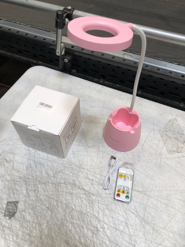 Photo 1 of Desk Lamp with Remote Control, LED Desk Light with Dimming and Timing, 3 Color Modes, Eye Protection Study Lamp with Pen Holder and Phone Stand, Small Flexible Desk Lamp for Dorm & Bedroom, Pink