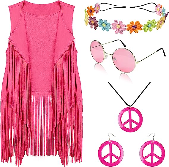 Photo 1 of FunMular 60s 70s Outfits for Women Hippie Costume Set Peace Sign Earring Headband Fringe Vest Tassel Cardigan