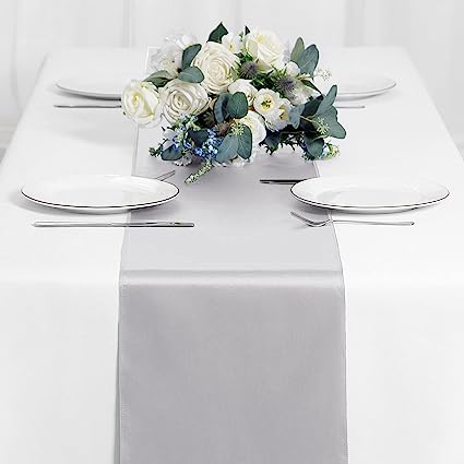Photo 1 of 4-Pack Silver Satin Table Runner 12 x 108 Inch Long Table Runner for Wedding, Silver Birthday Party Decorations, Premium Table Runners for Banquets, Graduations, Engagements