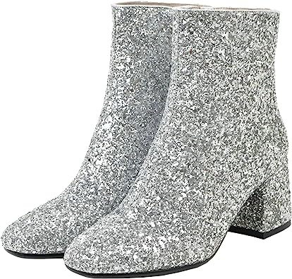 Photo 1 of KysBloes Womens Sparkly Ankle Boots Chunky Heel Glitter Booties Closed Toe Block Heel Dress Winter Shoes  size 38 / 8