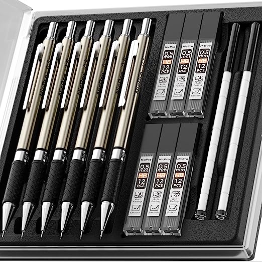 Photo 1 of Nicpro 0.5 mm Art Mechanical Pencils Set in Gift Case, 6 PCS Metal Drafting Pencil 0.5mm with 6 Tube HB Lead Refills & 18 PCS Eraser Refills for Adults, Children, Artist Writing, Drawing, Sketching