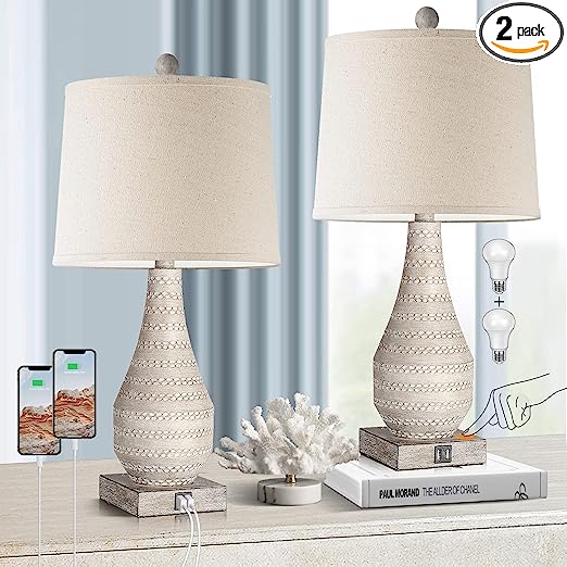 Photo 1 of 3 Way Dimmable Bedside Touch Lamps for Bedroom Set of 2 with USB Ports,Rustic Table Lamp for Living Room with Gray Body, Resin NightstandFarmhouse Lamp with Linen Shade for Study Room