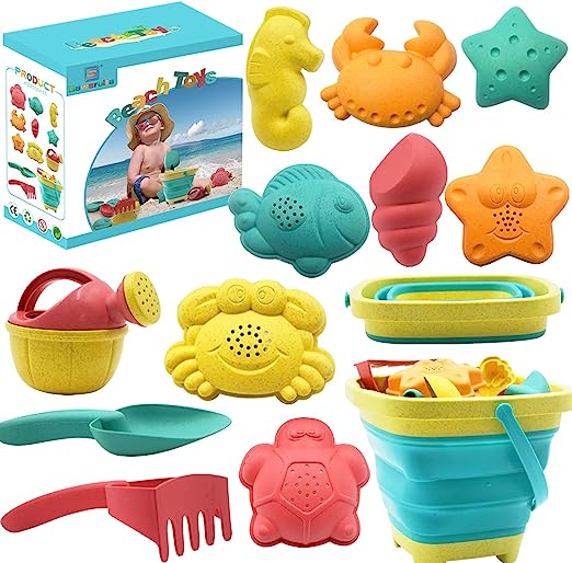 Photo 1 of Beach Toys for Kids - Sand Toys Set Includes Collapsible Sand Bucket Shovel and Sand Rake Toys for Beach 12 PCS, Sandbox Toys Sandcastle Building Kit with Waterproof Net (A)