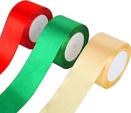 Photo 1 of 3 Rolls Wide Christmas Satin Ribbon Double Face Polyester Satin Ribbon Wide Solid Satin Ribbon for Christmas Wedding Gift Wrapping Crafts Decoration Favors (Red, Green, Gold, 2 Inch)