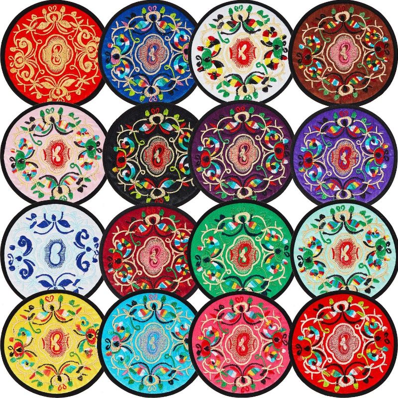 Photo 1 of 16 Pieces Cloth Coasters 5.12 Inch/ 13cm, Indian Decorative Items for Home, Fabric Round Embroidered Drinks Coasters Vintage Ethnic Floral Coasters Teacup Mat 