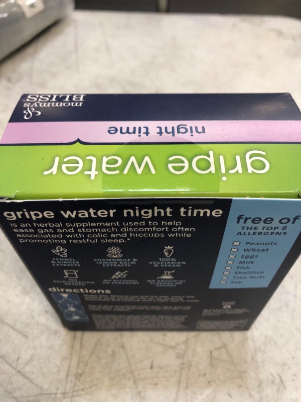 Photo 3 of Mommy's Bliss Gripe Water Night Time Double Pack, Relieves Stomach Discomfort From Gas, Colic, Fussiness, & Hiccups, Gentle & Safe, For Infants Age 1 Month+, 2 Pack (Total 8 Fl Oz)  Exp 05/25 Seal 